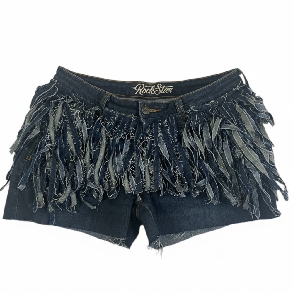 Upcycled Old Navy Rock Star Fringe Denim Shorts Size 12 Boho Festival Western